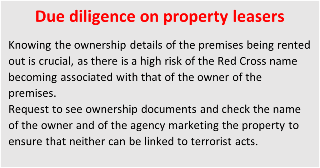 A text box describes how to conduct due diligence on property leasers. This involves checking ownership documents and the name of the owner and agency marketing the property to ensure there are no links to terrorist acts