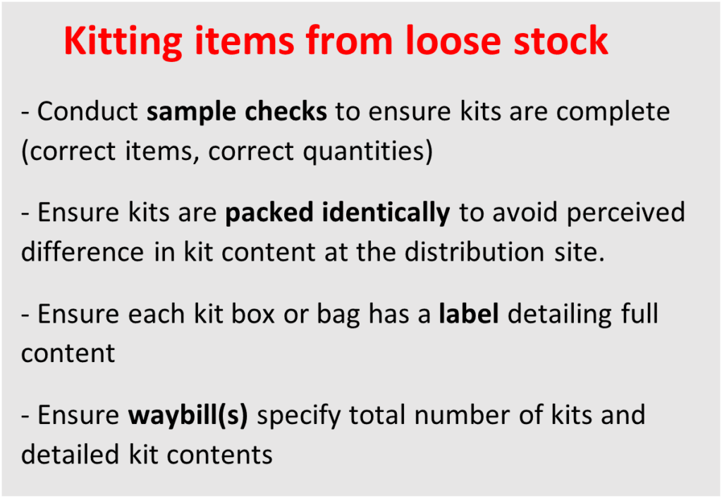 A text box describes how to kit items from loose stock, which involves conducting sample checks of kits, ensuring kits are identical and has a label and ensuring waybills specify the number of contents of kits