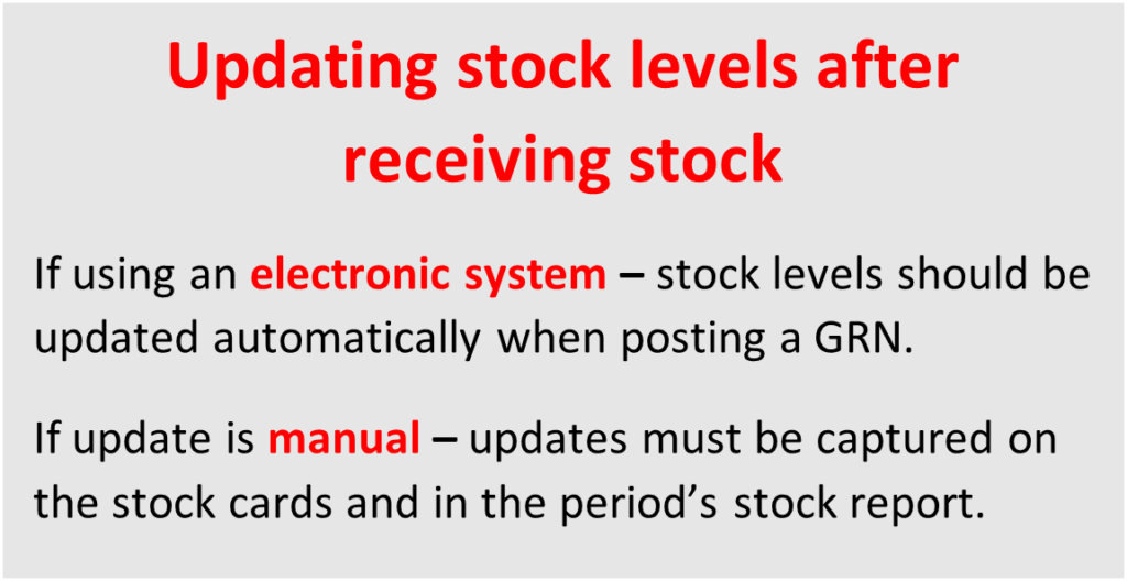 A text box describes how to update stock levels electronically, which happens automatically when posting the GRN, and manually which must be captured on the stock cards and report