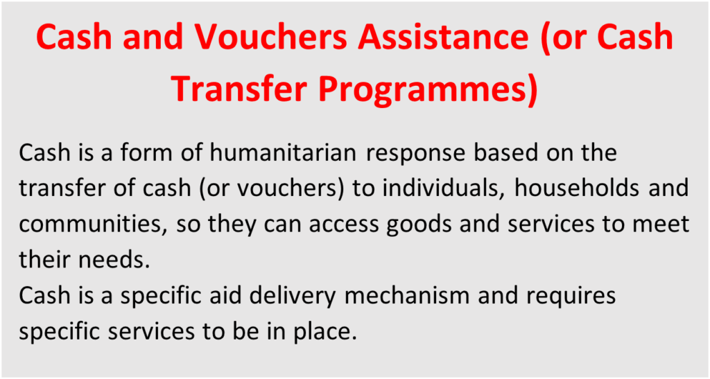 A text box describes the cash and vouchers assistance programme which is a humanitarian response based on the transfer of cash, or vouchers, to individuals, households and communities