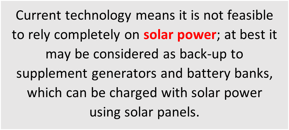 A text box explains that solar power is only considered a back-up to supplement generators and battery banks. It cannot be relied upon completely