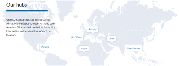 A screenshot of a map showing locations of UNHRD hubs in Kuala Lumpur, Dubai, Brindisi, Accra, Las Palmas and Panama